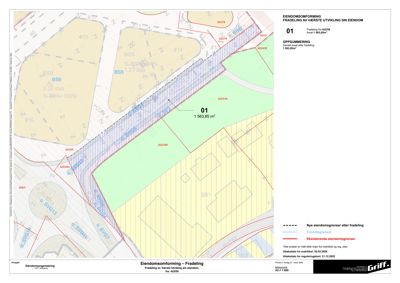Situasjonsplan som viser eiendomsformering og fradeling av eiendom 42399, med arealoppdelinger, formåls- og eksisterende eiendomsgrenser.
