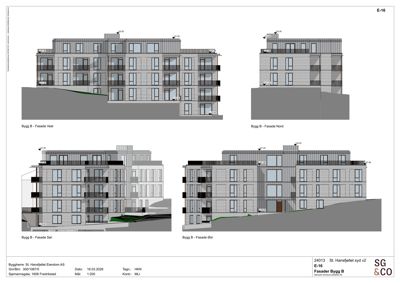 Fasadetegninger som viser bygningens utseende fra fire ulike sider (Vest, Nord, Sør, Øst).