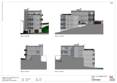 Fasadetegning som viser byggets ytre utseende fra fire ulike vinkler (SØ, NØ, NV, SV).
