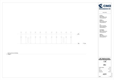 Tegning som viser en detaljert oppriss av et tak eller en konstruksjon med merking for søyler (A-T) og veggtykkelse.