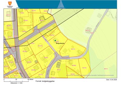 Situasjonsplan som viser tomtedeling, vegnett og formål for boligbebyggelse i Fredrikstad kommune.