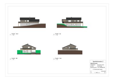 Fasadetegning som viser oppriss av bygningens ytre utseende fra fire ulike vinkler (Nord, Sør, Øst, Vest).