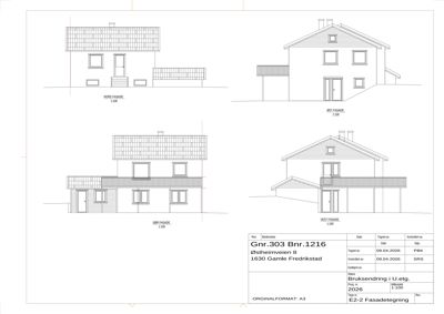 Fasadetegning som viser Nord-, Øst-, Sør- og Vestfasade for en bygning.