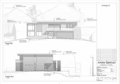 Fasadetegning som viser bygningens utseende fra øst og nord, inkludert koter, materialer og innmål.