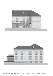 Bildet viser to fasadetegninger (Nord og Øst) av en bygning i tegningsskala 1:100.