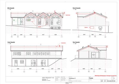Fasadetegning som viser Øst, Nord, Vest og Sør-fasade med mål, skisse over eksisterende (rødt) og nytt (grønt), samt tegningshode.