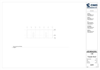 Fasadetegning (opprikk) av bygningens nordside med vindus- og dørplasseringer.