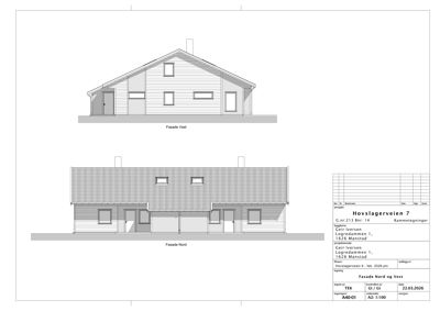 Fasadetegning som viser bygningens utseende fra vest og nord.