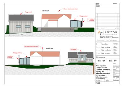 Fasadetegning som viser bygningens utseende fra vest og øst, inkludert nye og eksisterende elementer.