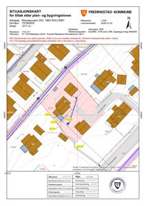 Situasjonskart for eiendommen Rølvsvøyeveien 240, som viser tomtegrenser, naboeiendommer, vassdrag og arealbruk.