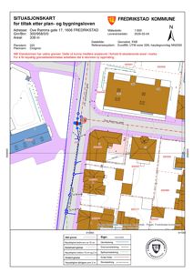Situasjonskart for tilsikt etter plan- og bygningsloven som viser eiendomsgranser, nabobebyggelse og gateløp.