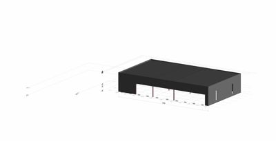 3D-visualisering (rendering) av en bygning sett fra et vinkelperspektiv, som viser fasade og tak.