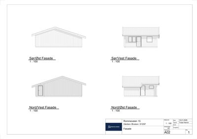 Fasadetegning som viser bygningens utseende fra fire ulike vinkler (Sør/Øst, Sør/Vest, Nord/Vest og Nord/Øst).