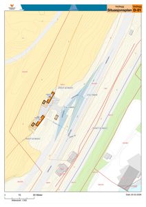 Situasjonsplan (D-01) som viser tomtens topografi, eksisterende og planlagte bygninger, vegger, grenser og høydemåler.