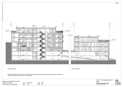 Snittegning (Snitt AA og Snitt BB) som viser bygningens tverrsnitt, høydemål, romfordeling og konstruksjonsdetaljer.