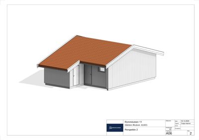 3D-visualisering (perspektiv) av en planlagt bygning med tak, fasade og dører/vinduer.