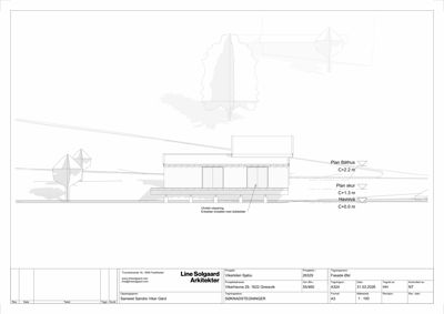 Fasadetegning (opprikk) av en bygning med omgivende terreng og høydemål.