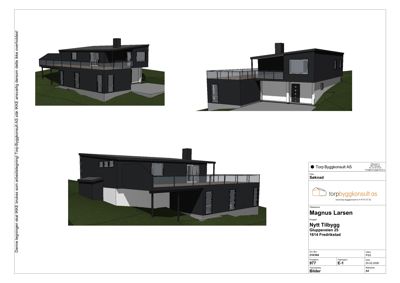 3D-visualisering av en planlagt bolig med tre ulike vinkler.