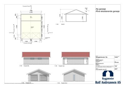 Fasadetegning med oppriss av en garasje sett fra fire sider (Nord, Sør, Øst, Vest), inkludert snitt og mål.