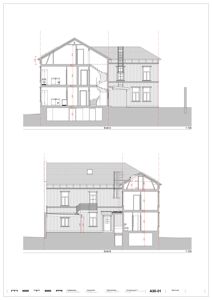 Bildet viser to snittegninger (Snitt A og Snitt B) av en bygning, som illustrerer innvendig konstruksjon, etasjer og romfordeling.