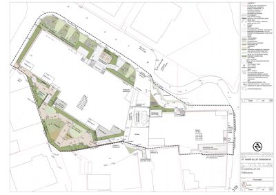 Situasjonsplan (tomteplan) som viser bygningers plassering, tomtegrenser, veier og omgivelsene.