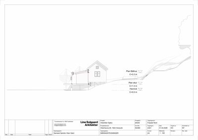 Fasadetegning (opprikk) av en bygning sett fra nord, med angitte høyder og havneplan.