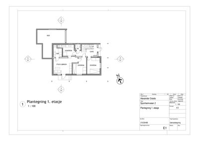 Plantegning av 1. etasje som viser romfordeling, veggkonstruksjoner og møblering.