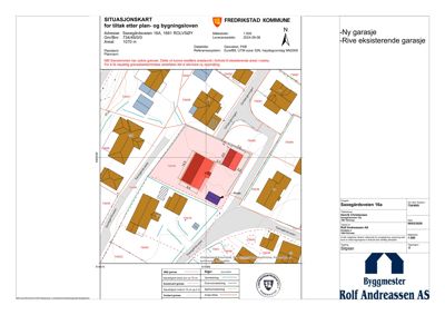Situasjonskart som viser tomtens grenser, nabolag og plassering av bygninger.