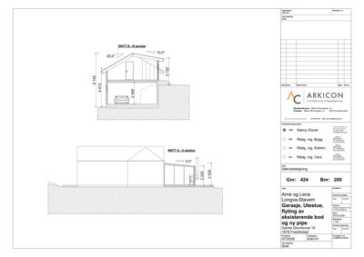 Snittegning av en garasje og utehus med angitte mål.