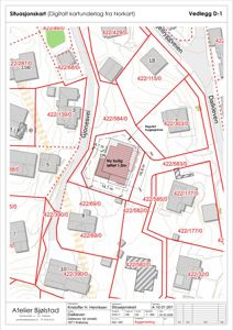 Situasjonskart som viser tomtens beliggenhet, grenser, nabotomter og reguleringsforhold.