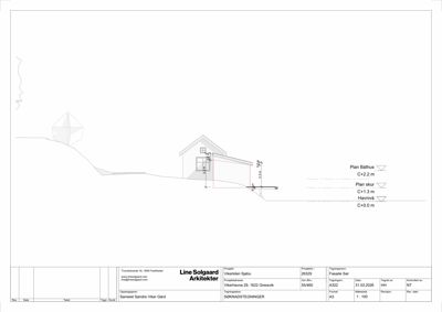 Fasadetegning (opprikk) som viser bygningens profil sett fra siden, med angitte høyder og nivåer.