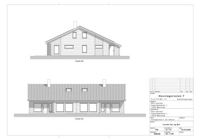 Fasadetegning som viser bygningens utseende fra sør og øst.