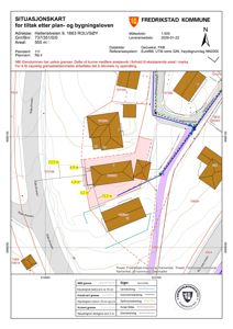 Situasjonskart som viser eiendomsgranser, bygningers plassering og areal for en tomt i Rolvsøy.