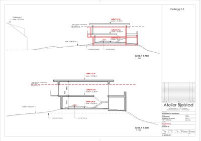 Snittegning (Snitt A) som viser bygningens tverrsnitt, høyder, koter og grunnforhold.