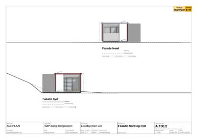 Fasadetegning som viser bygningens utseende sett fra nord og syd, inkludert mål og konstruksjonsdetaljer.