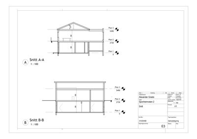 Snittegning (Snitt A-A og Snitt B-B) som viser bygningens tverrsnitt, høyder og romfordeling.