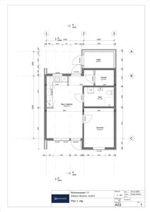 Etasjeplan for første etasje (Plan 1. etg) som viser romfordeling, dimensjoner og arealer for en leilighet.