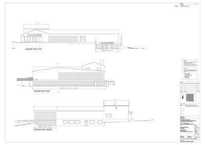 Fasadetegning som viser bygningens utseende fra tre sider: syd, øst og nord.