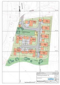 Situasjonsplan som viser plassering av flere hus (HUS 1-10) på en tomt, med omgivende veier (Bråtenveien, Røstadvågen), arealoppdelinger og vegetasjon.