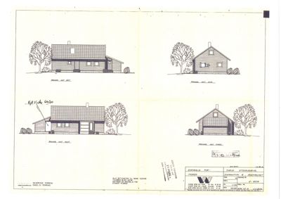 Fasadetegning som viser fire utsnitt av en bygning (sannsynligvis et hus) sett fra ulike vinkler.