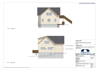 Fasadetegning som viser bygningens utsyn mot vest og nord, med detaljer om vindusendringer.