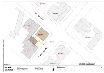 Situasjonsplan som viser bygningens plassering i forhold til naboeiendommer (tomtenummer), veier og nabolag.