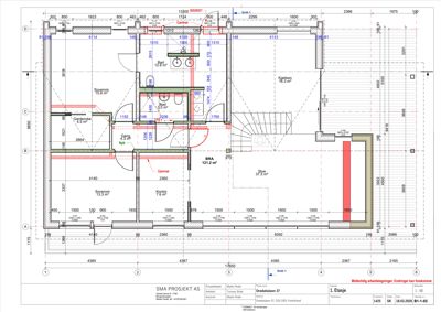 Etasjeplan for 1. etasje som viser romfordeling, dimensjoner og endringer (f.eks. 'Nytt' og 'Gammel').