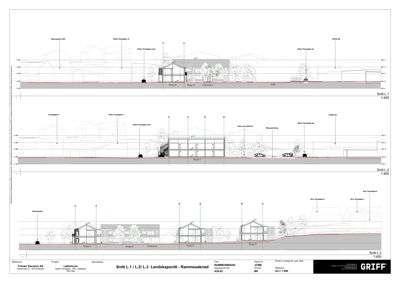 Snittegning (Landskapsnitt) som viser bygningens høyde, terrengforhold og plassering i forhold til nabolaget.