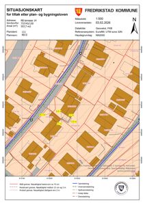 Situasjonskart som viser eiendomsforhold, nabogranser og infrastruktur for Rå terrasse 14 i Fredrikstad.