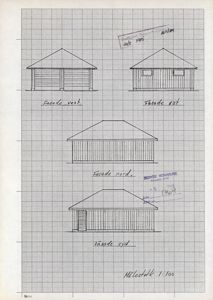 Fasadetegning som viser bygningens utseende fra fire sider (vest, øst, nord og syd) med skriftlige merkelapper.