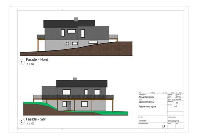 Fasadetegning som viser bygningens utsyn mot nord og sør med skisse over fasadeutforming.