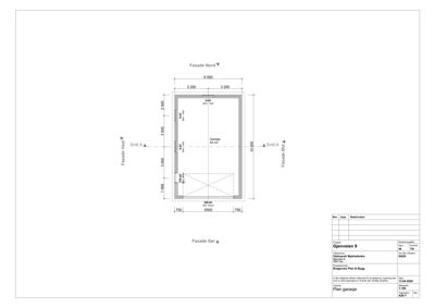 Tegning som viser fasadeoppsettet for en garasje sett fra utsiden, med angitte mål og vindusposisjoner.