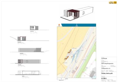 En tegning som viser fasadeoppsett (Fasade Vest, Fasade Sør, etc.) for en bygning i et situasjonskart.
