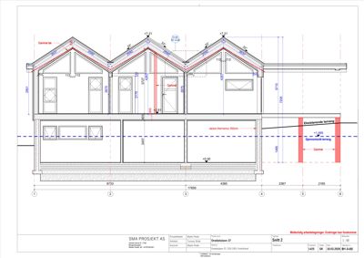 Snittegning (Snitt 2) som viser tverrsnittet av en bygning med mål, høyder og konstruksjonsdetaljer.